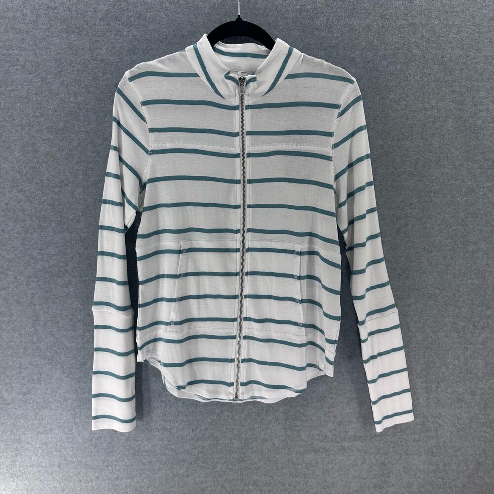 Chaser Women's SZ M NWT white & teal striped zip up cardigan/sweater 100% cotton